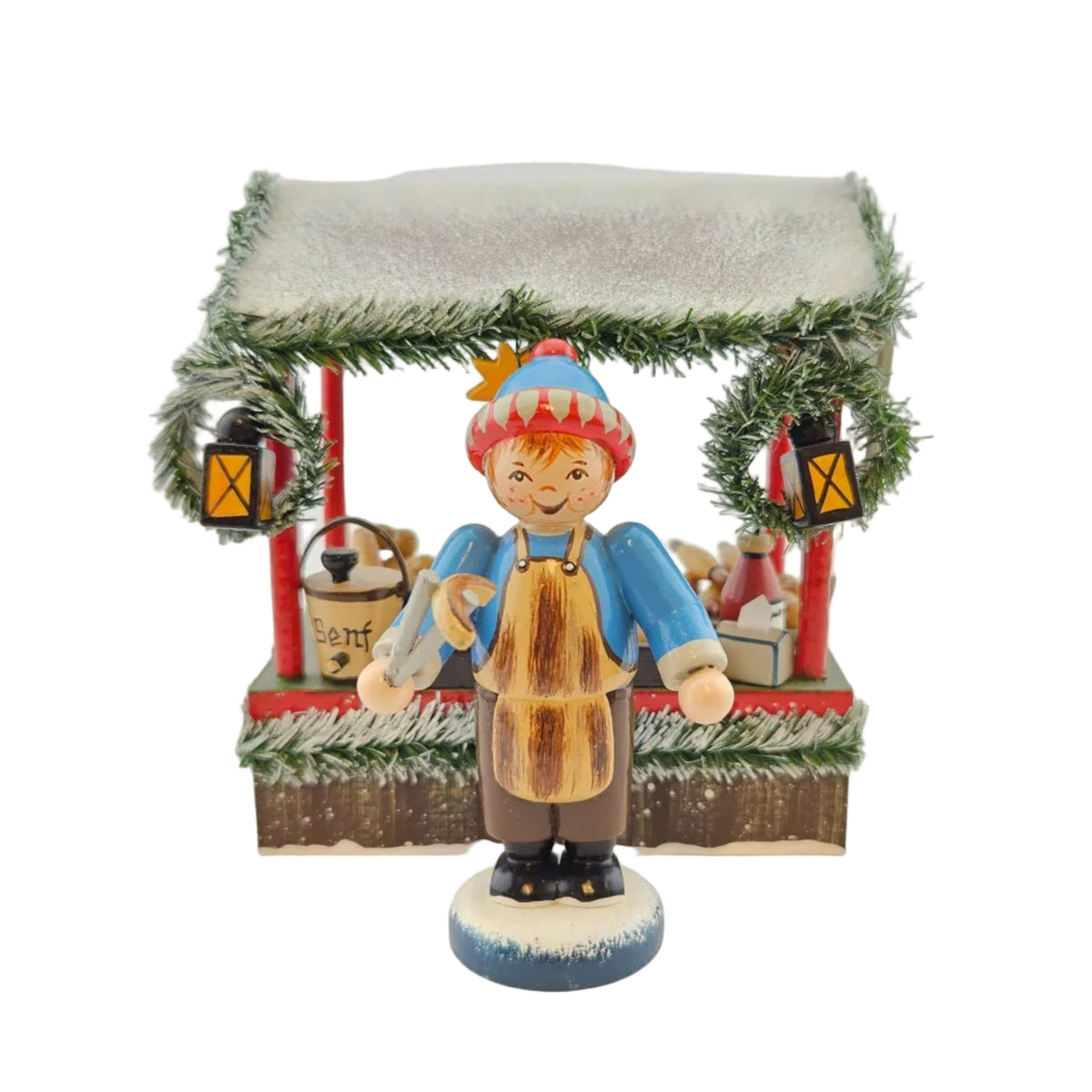 Käthe Wohlfahrt Bratwurststand mit Händlerfigur Weihnachtsmarkt, Ansicht von vorne mit Verkäufer