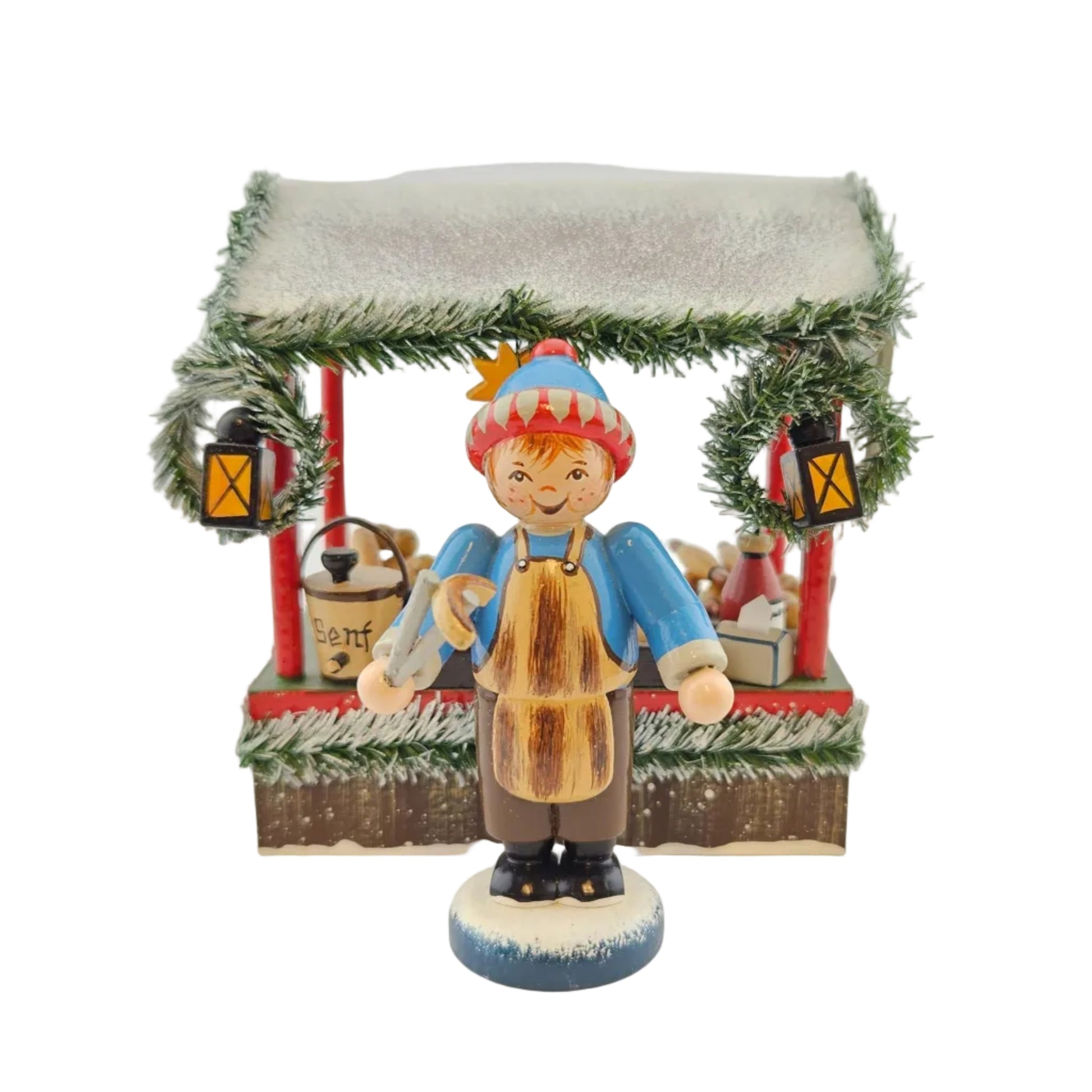Käthe Wohlfahrt Bratwurststand mit Händlerfigur Weihnachtsmarkt, Ansicht von vorne mit Verkäufer