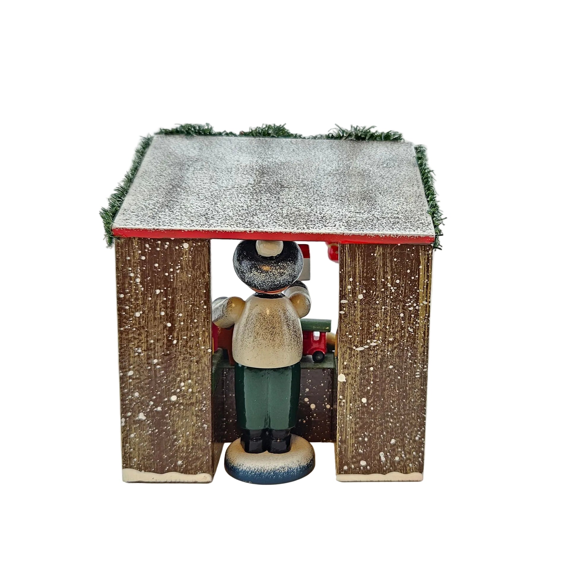 Käthe Wohlfahrt Spielwarenstand mit Händlerfigur Weihnachtsmarkt, Ansicht von hinten