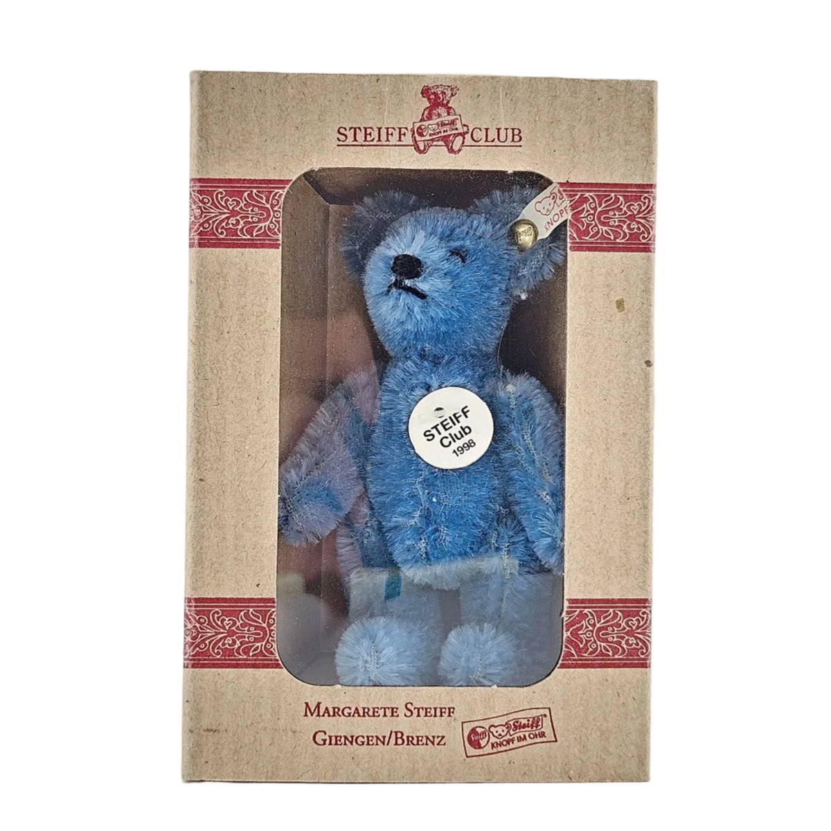 Steiff Club Teddy Bär Miniatur 1998 Mohair 9cm blau Vorderansicht