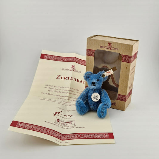 Steiff Club Teddy Bär Miniatur 1998 Mohair 9cm blau mit Zertifikat und Box Vorderansicht