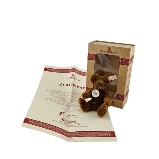 Steiff Club Teddy Bär Miniatur 1999 Mohair 9cm braun mit Zertifikat und Box Vorderansicht