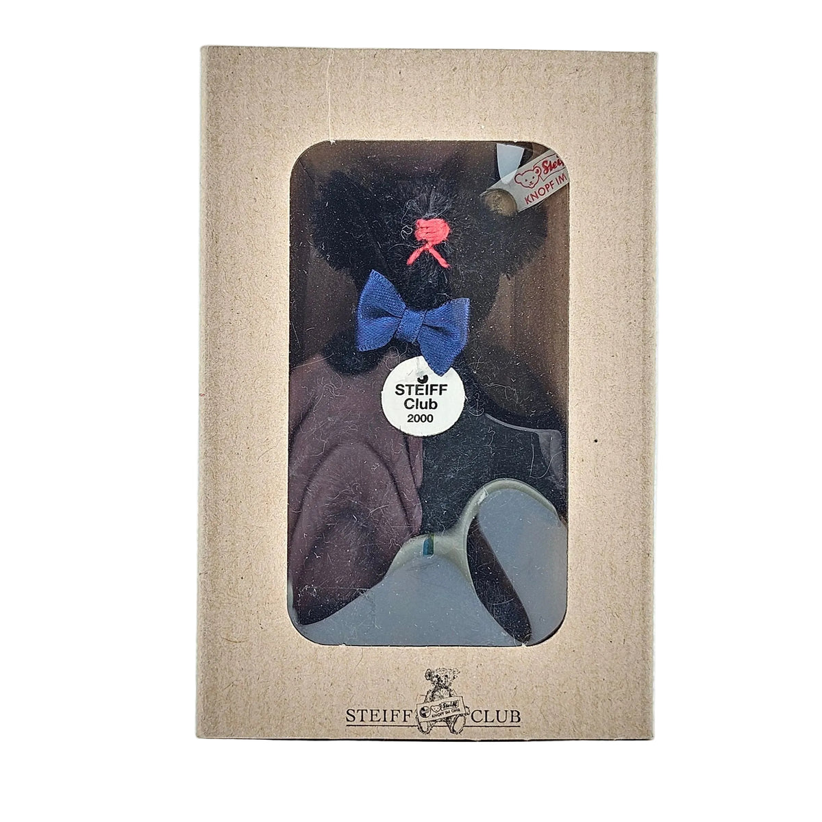 Steiff Club Teddy Bär Miniatur 2001 Mohair 9cm schwarz mit Box Vorderansicht
