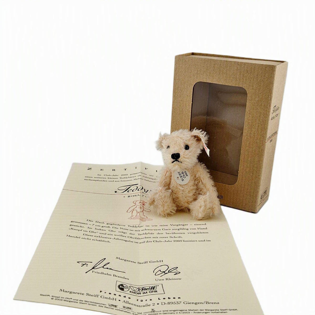 Steiff Club Teddy Bär Miniatur 2003 Mohair 10cm rosa mit Zertifikat und Box Vorderansicht