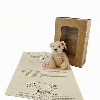 Steiff Club Teddy Bär Miniatur 2003 Mohair 10cm rosa mit Zertifikat und Box Vorderansicht